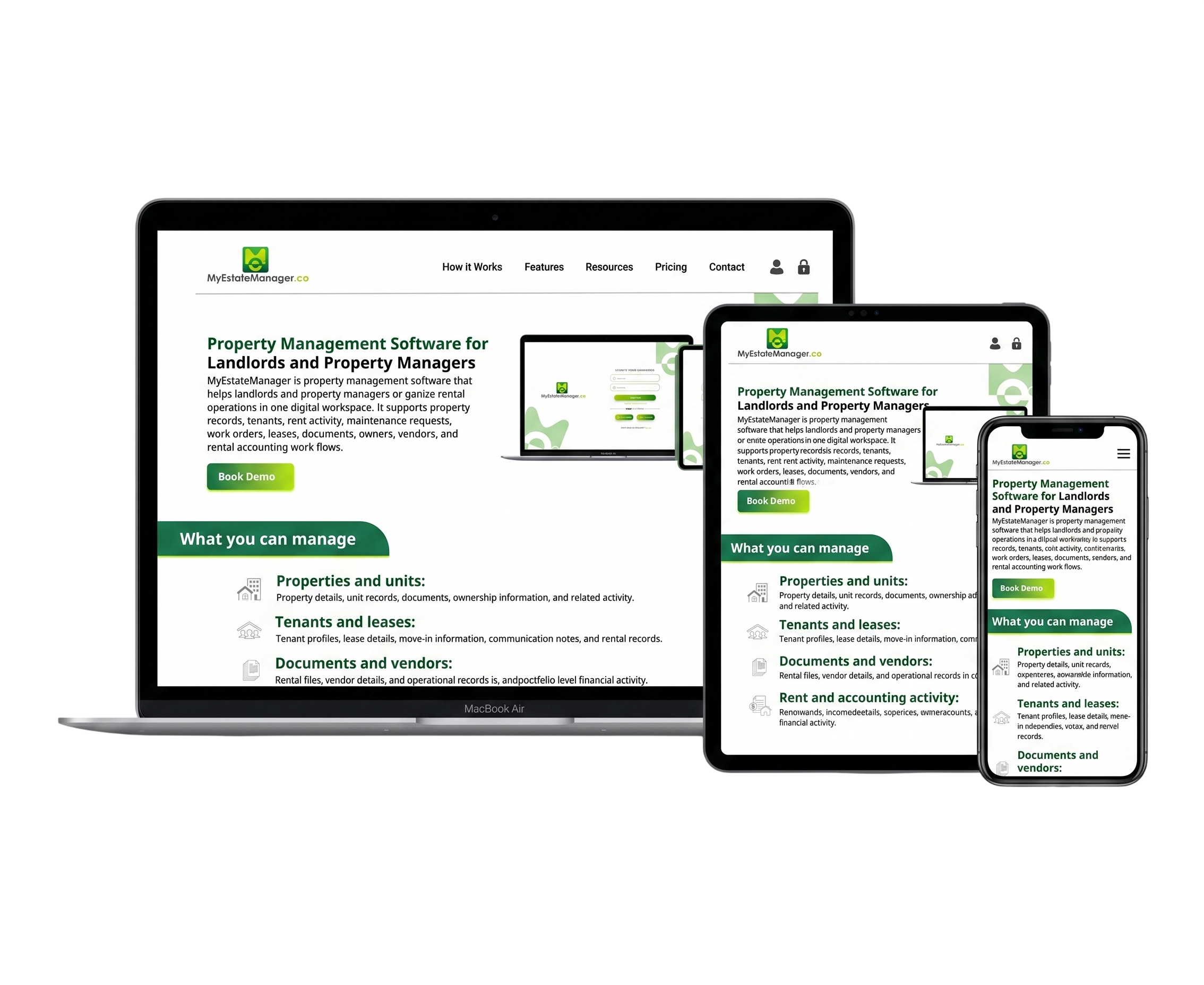 My Estate Manager property management software shown on laptop, tablet, and phone