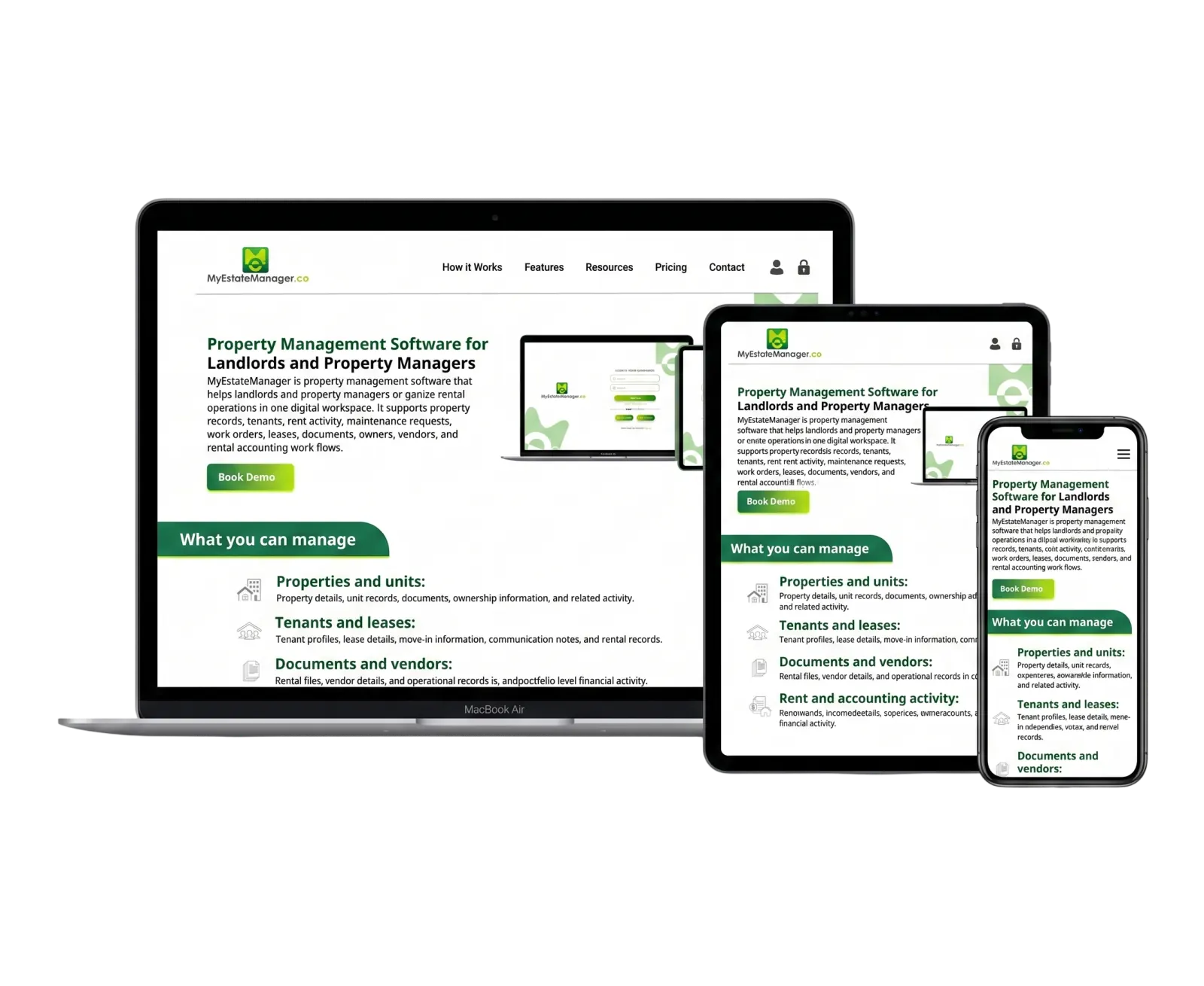 My Estate Manager property management software shown on laptop, tablet, and phone