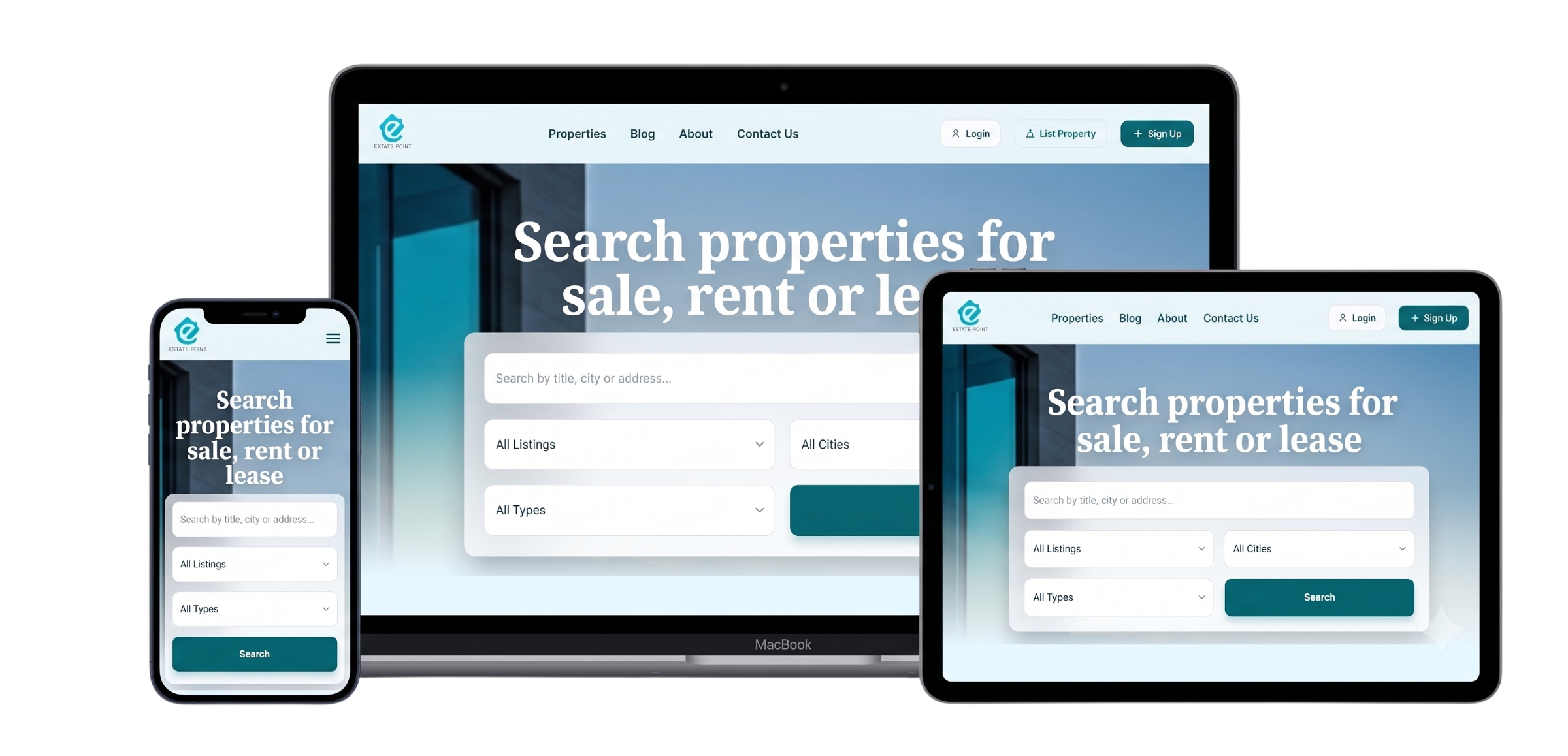 Estate Point real estate website shown on laptop, tablet, and phone
