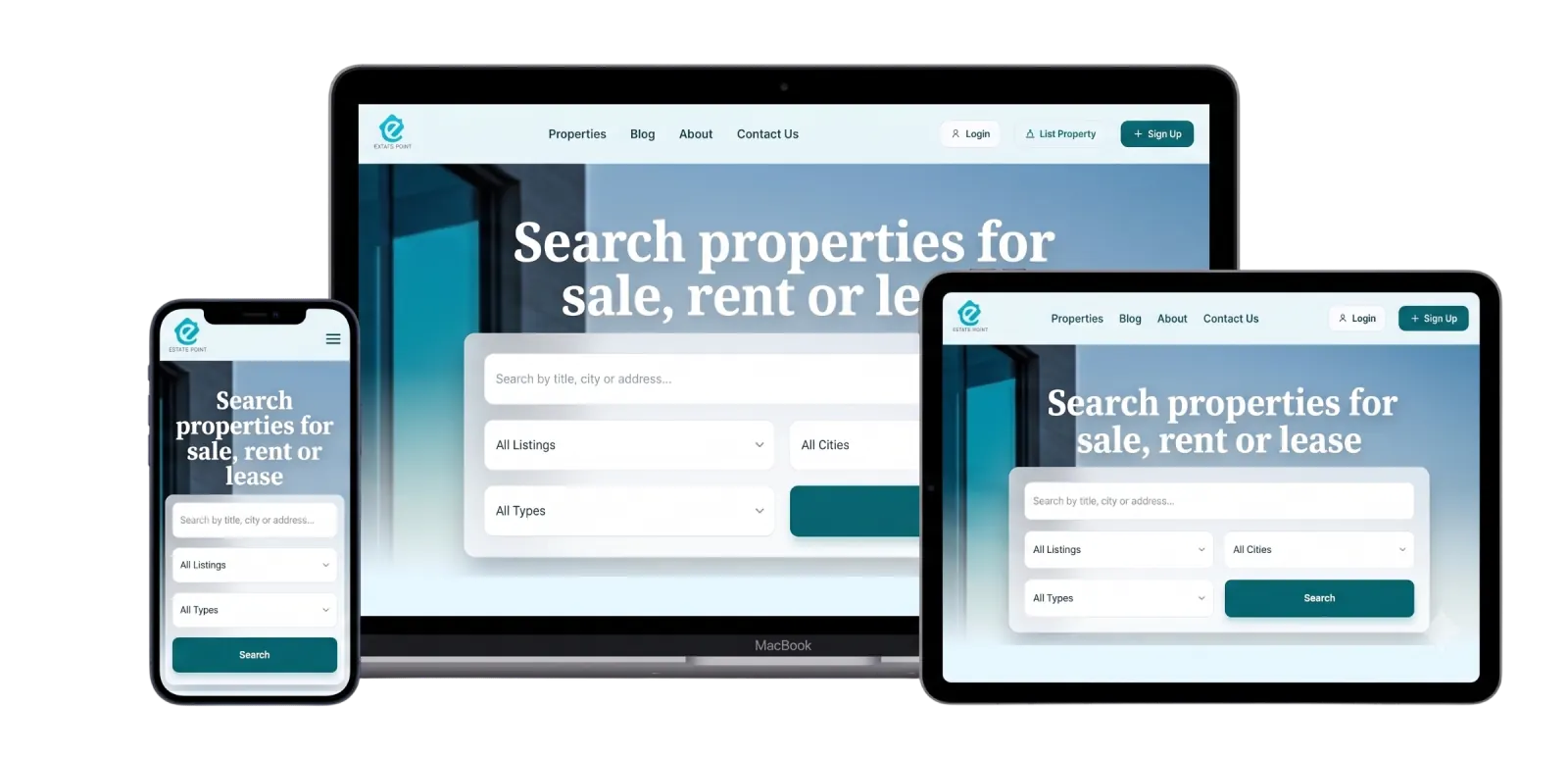 Estate Point real estate website shown on laptop, tablet, and phone