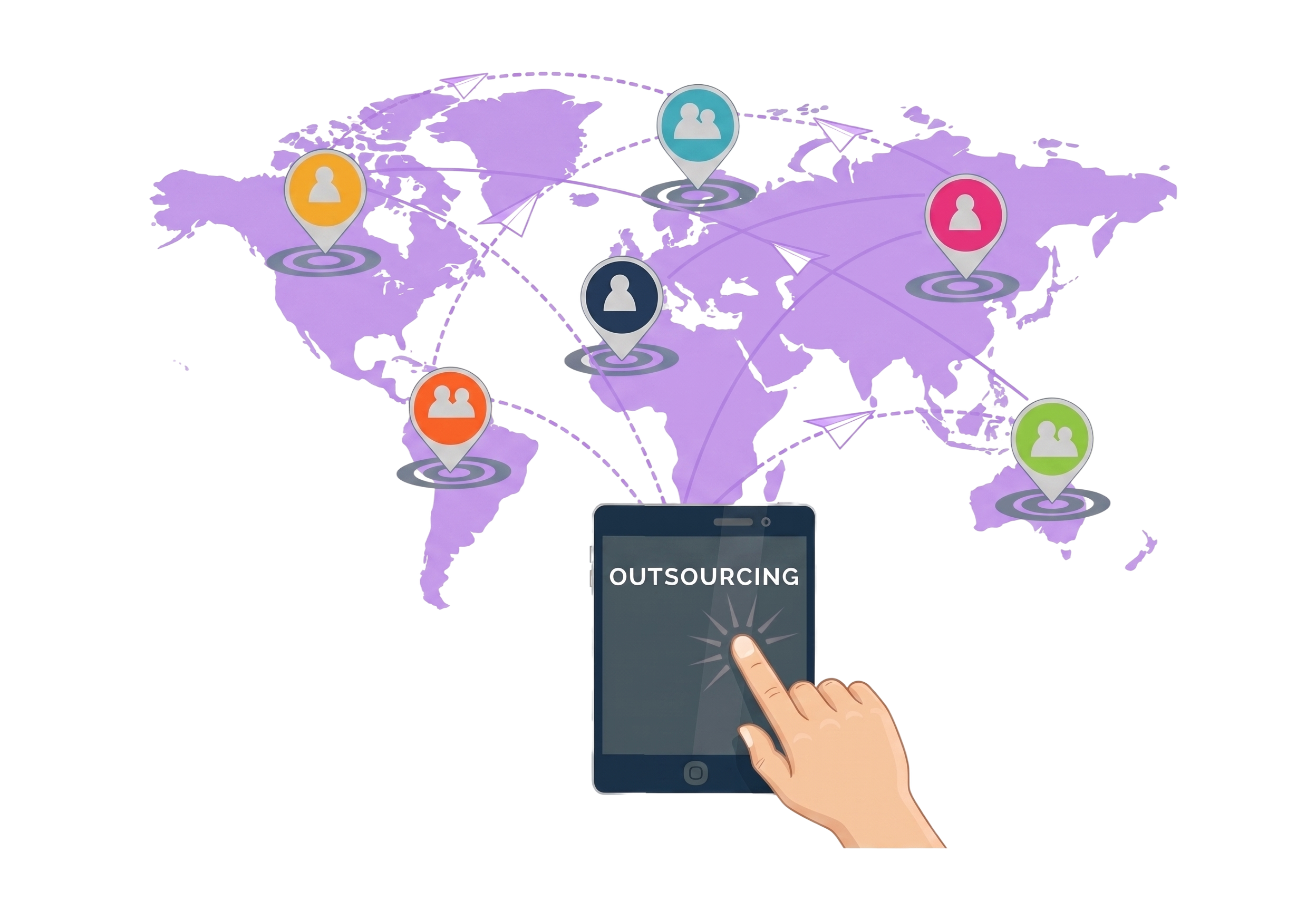 Global outsourcing illustration with world map and mobile device