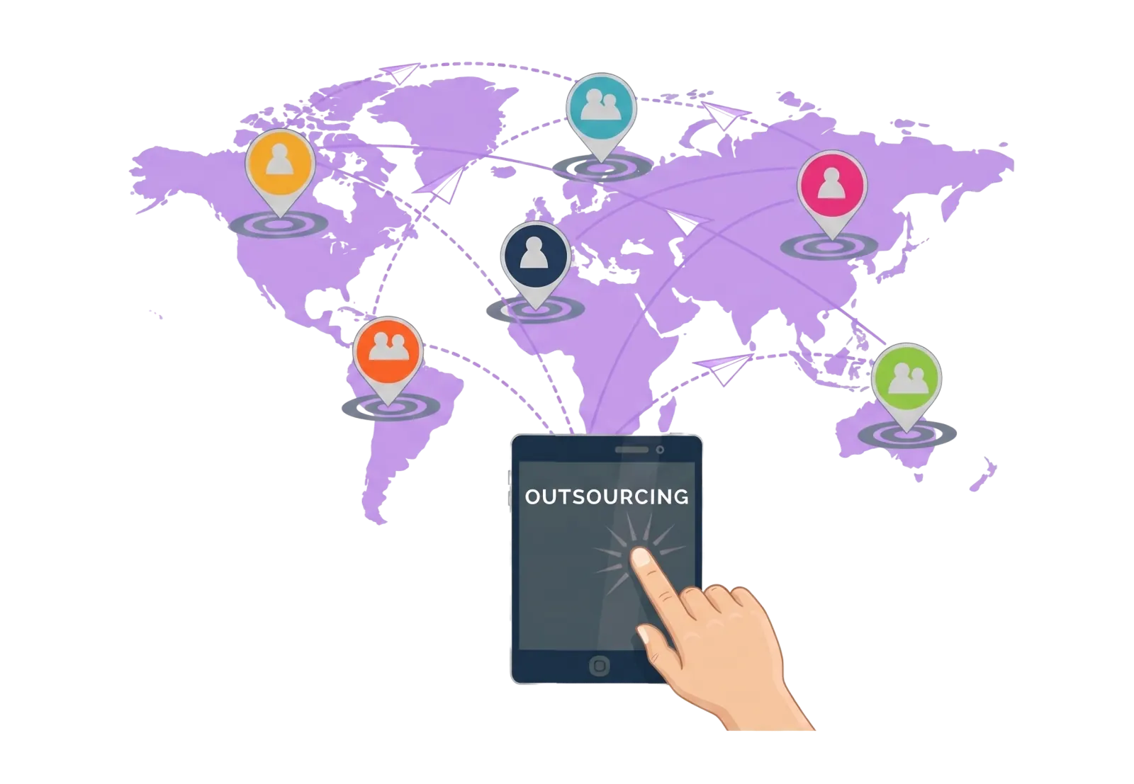 Global outsourcing illustration with world map and mobile device