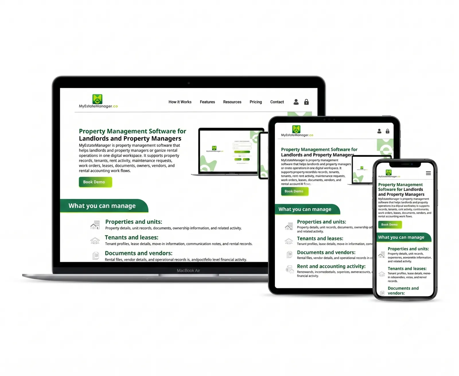 Rental property management website shown on multiple devices