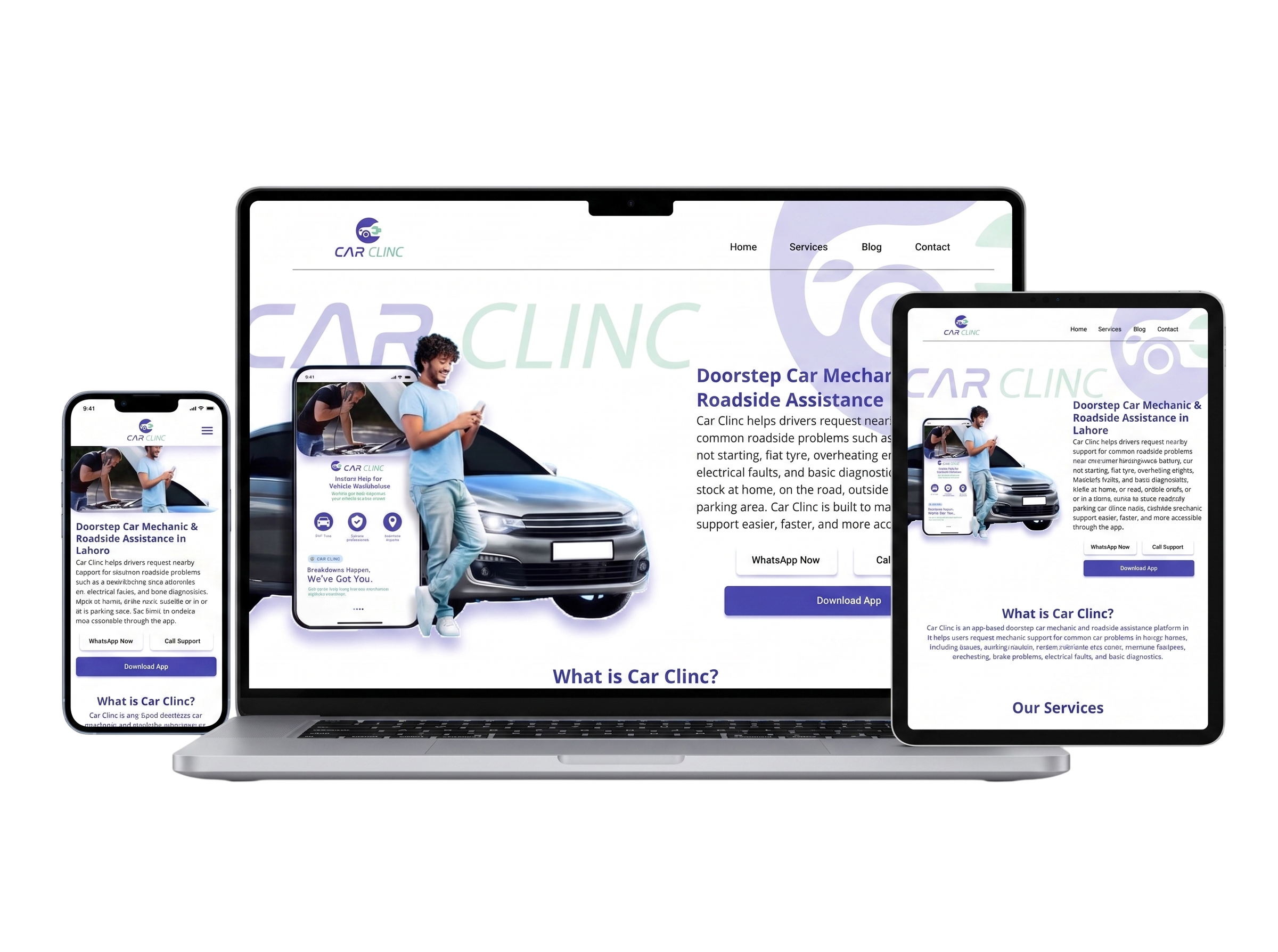Car Clinc roadside-assistance platform shown across devices