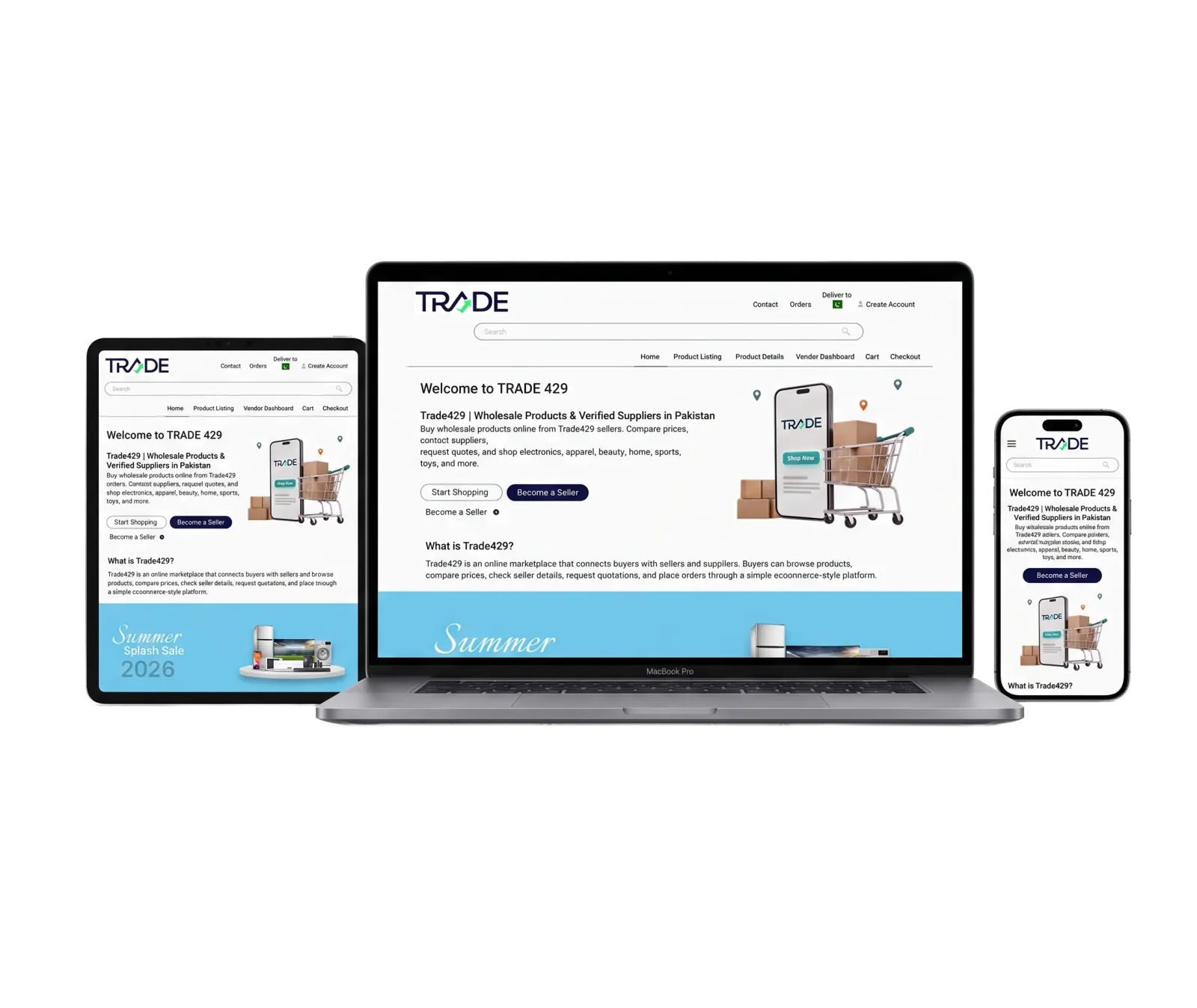 Ecommerce website shown on laptop, tablet, and phone