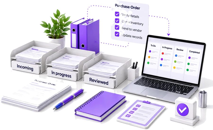 Illustration of incoming, in-progress and reviewed trays beside a laptop task board