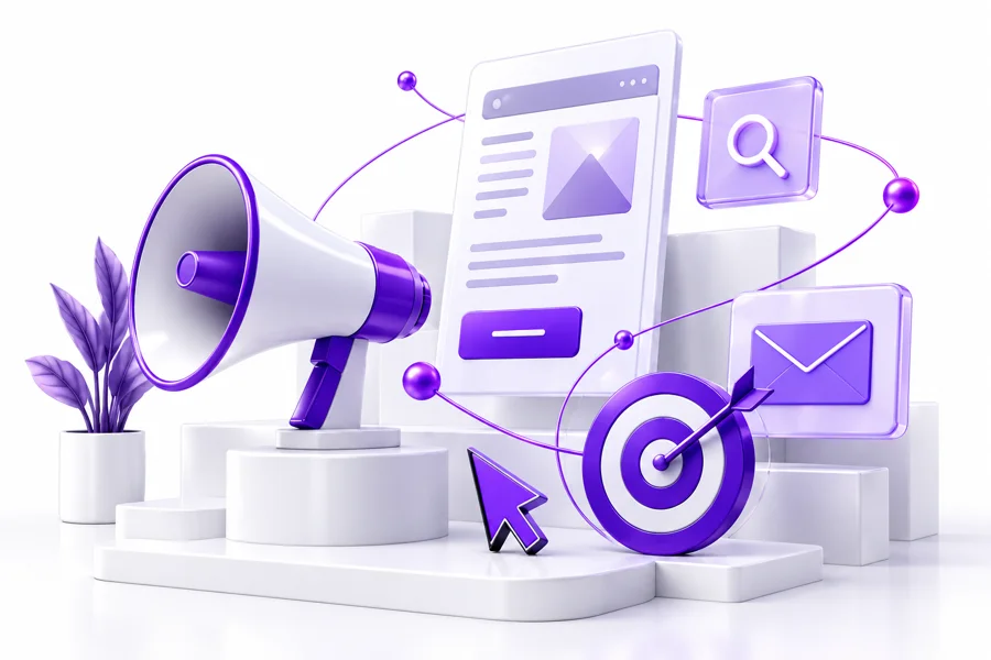 Illustration of a megaphone, landing page, search, email and target connected together