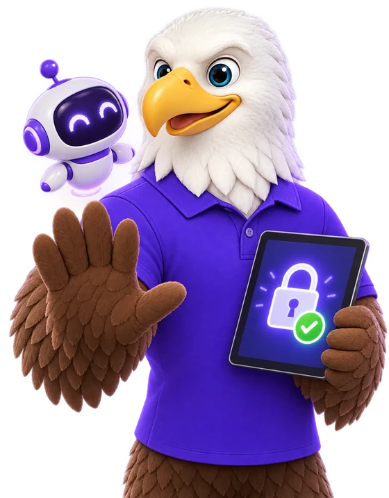 MTI Tech eagle mascot raising a wing in a calm stop gesture beside a small helper robot, holding a tablet with a padlock and checkmark