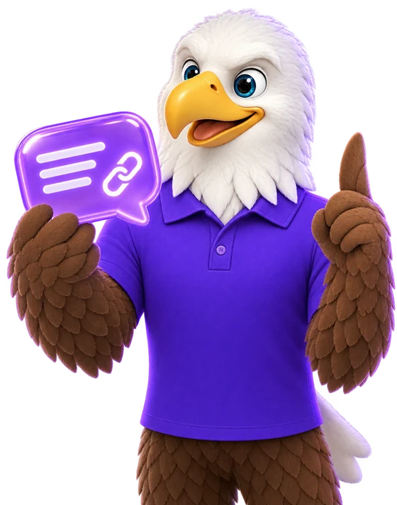 MTI Tech eagle mascot holding a glowing chat bubble with a link icon
