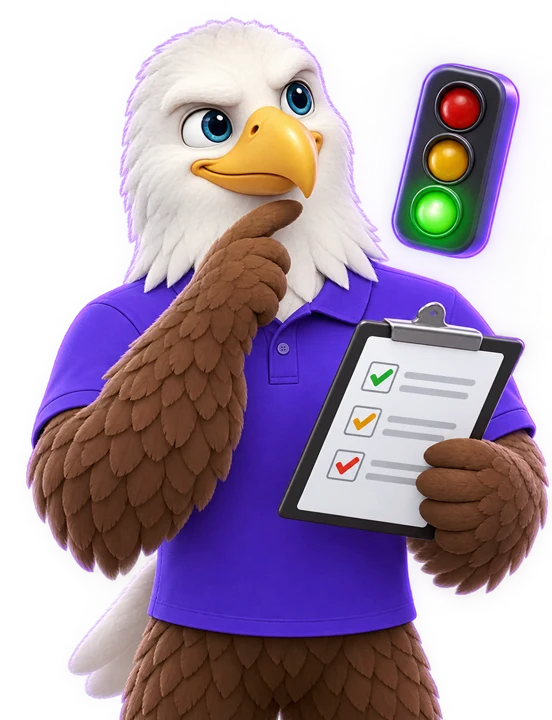 MTI Tech eagle mascot holding a checklist clipboard and thinking, beside a traffic light