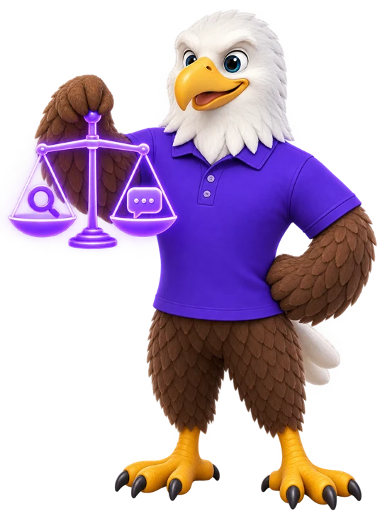 MTI Tech eagle mascot holding a balanced scale with a search icon on one side and a chat bubble on the other