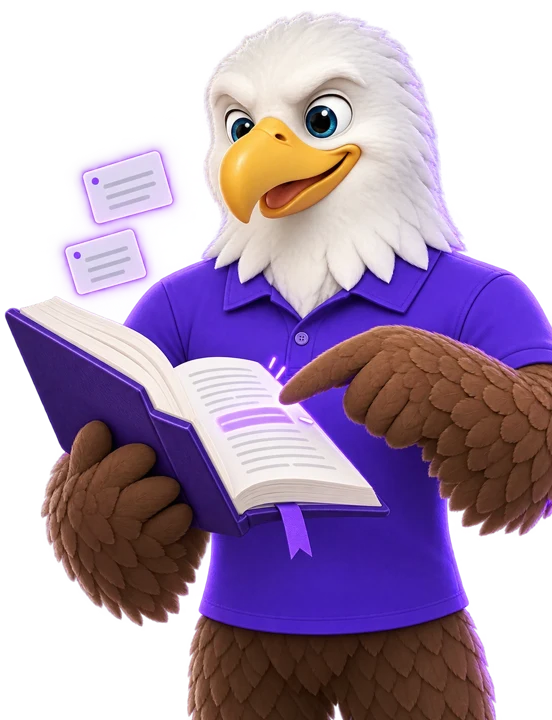 MTI Tech eagle mascot holding an open book and pointing to a highlighted passage