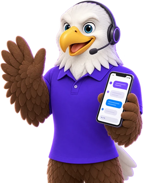 MTI Tech eagle mascot wearing a support headset, waving and holding a phone with a chat open