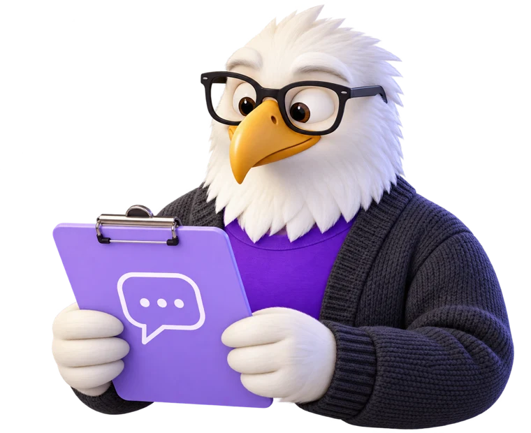 MTI Tech eagle mascot reviewing a clipboard with a chat icon