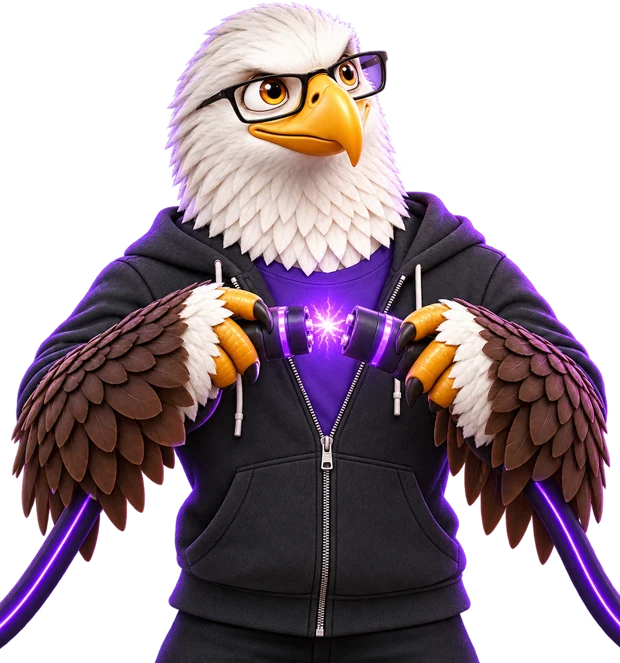 MTI Tech eagle mascot in glasses and hoodie joining two glowing cable connectors