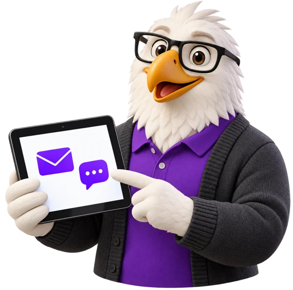 MTI Tech eagle mascot in glasses pointing to a tablet showing email and chat icons