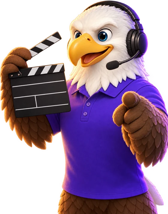 MTI Tech eagle mascot as a film director with a headset and clapperboard
