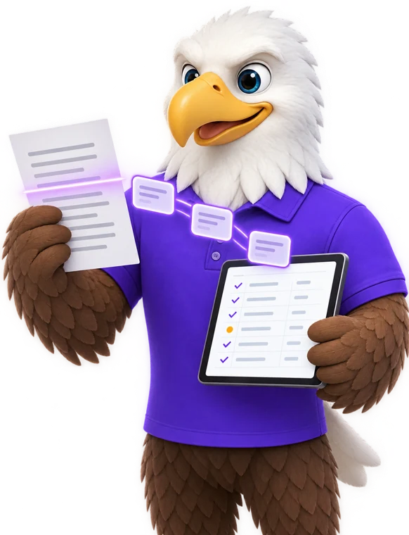 MTI Tech eagle mascot holding a scanned document while field cards move to a tablet table with one item flagged