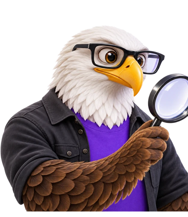 MTI Tech eagle mascot inspecting search results with a magnifying glass