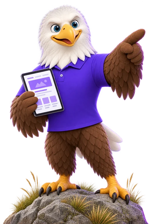 MTI Tech eagle mascot standing on a rock, holding a tablet with a website layout and pointing ahead
