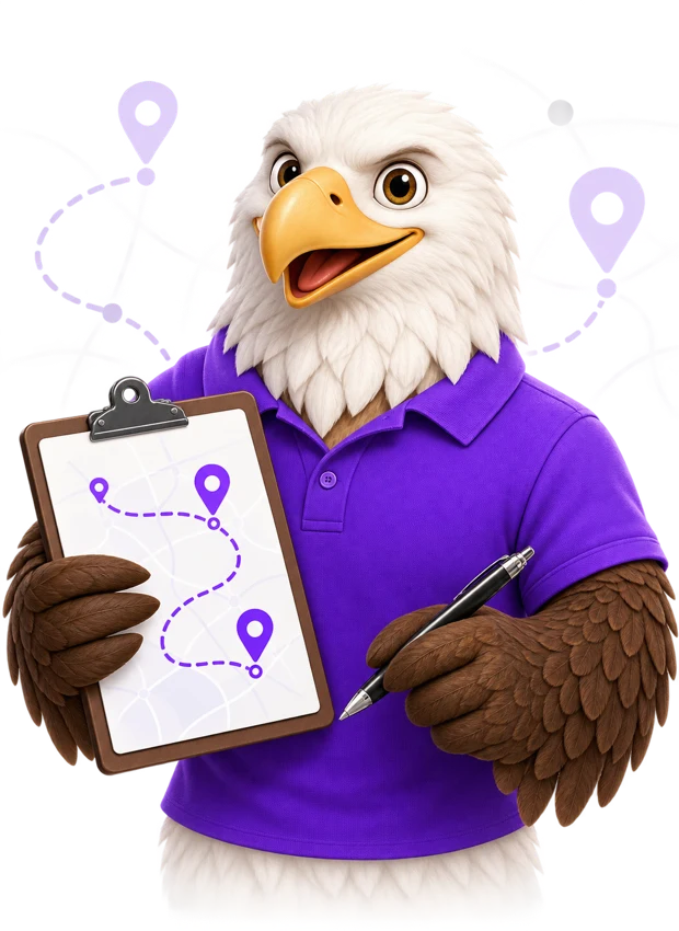 MTI Tech eagle mascot holding a clipboard with a route map