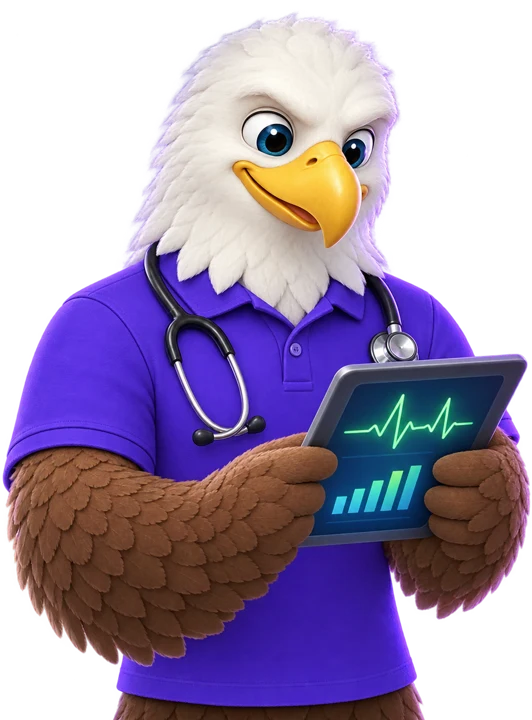 MTI Tech eagle mascot wearing a stethoscope and studying a tablet with a pulse line and bar chart