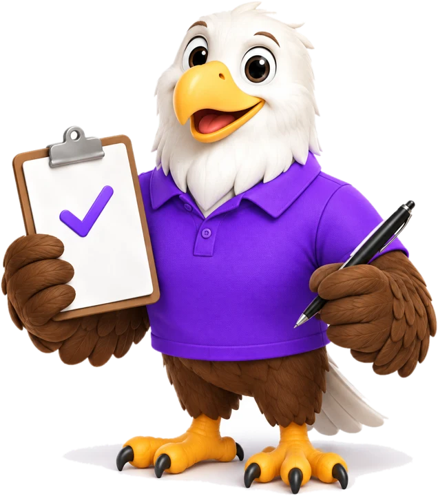 MTI Tech eagle mascot holding a checked clipboard