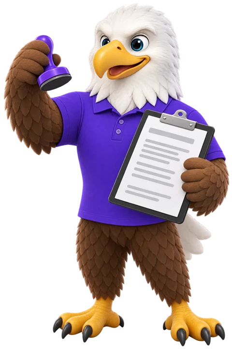 MTI Tech eagle mascot adjusting glasses while checking a purchase order at a desk