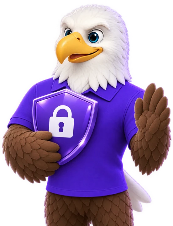 MTI Tech eagle mascot holding a shield with a padlock
