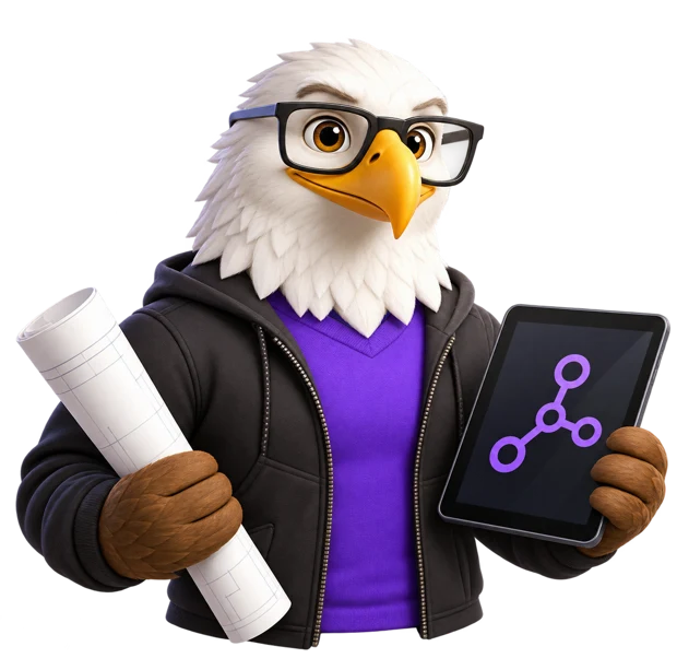 MTI Tech eagle mascot in glasses holding a rolled blueprint and a tablet showing a network diagram