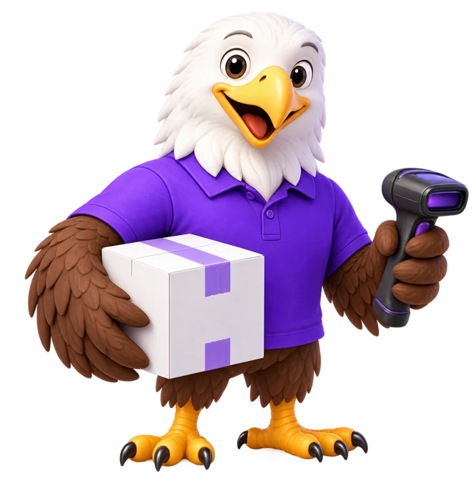 MTI Tech eagle mascot holding a parcel and a barcode scanner
