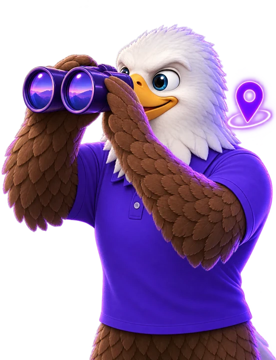 MTI Tech eagle mascot looking through binoculars next to a glowing map pin