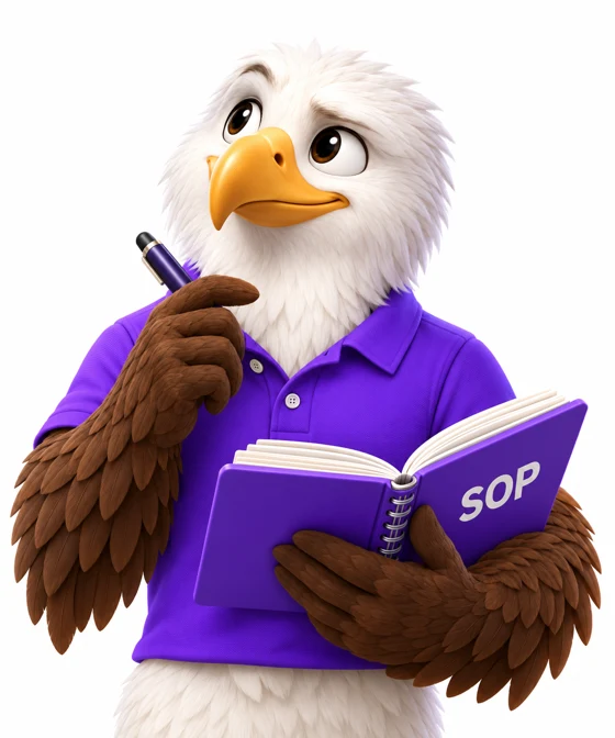 MTI Tech eagle mascot reading an SOP rule book