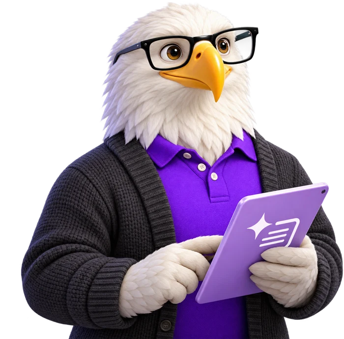 MTI Tech eagle mascot reviewing an AI search result on a tablet