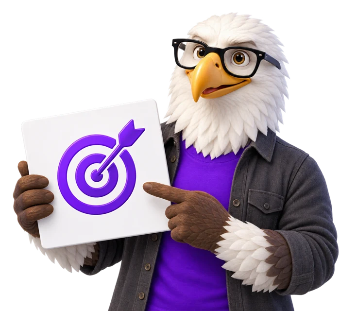 MTI Tech eagle mascot in glasses pointing at a target sign