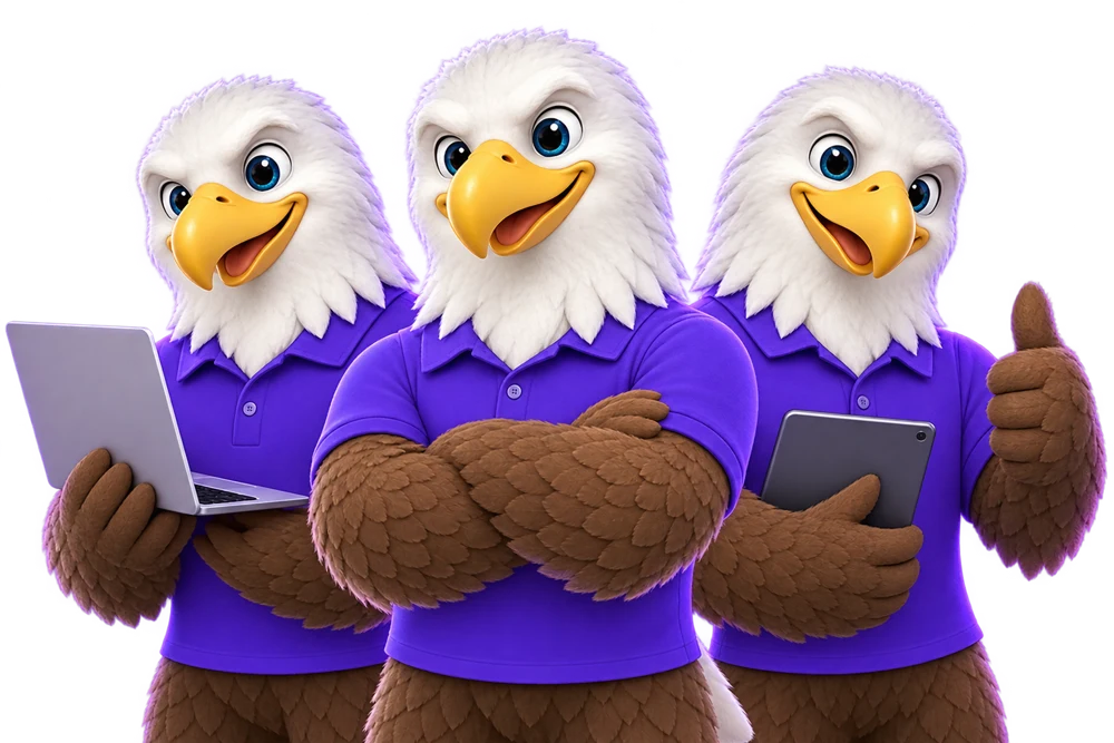 Three MTI Tech eagle mascots standing together as a team, one with a laptop and one with a tablet