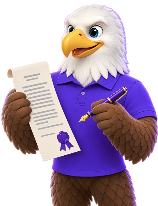 MTI Tech eagle mascot holding a contract and a fountain pen