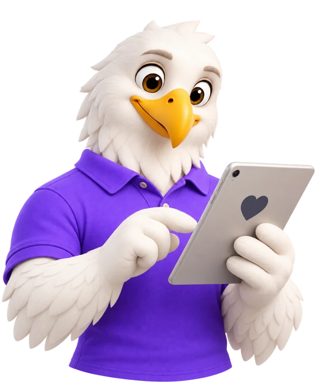 MTI Tech eagle mascot reviewing a shared task list on a tablet