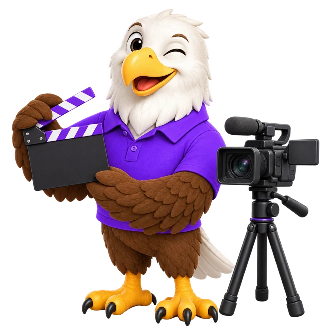 MTI Tech eagle mascot winking with a clapperboard beside a video camera
