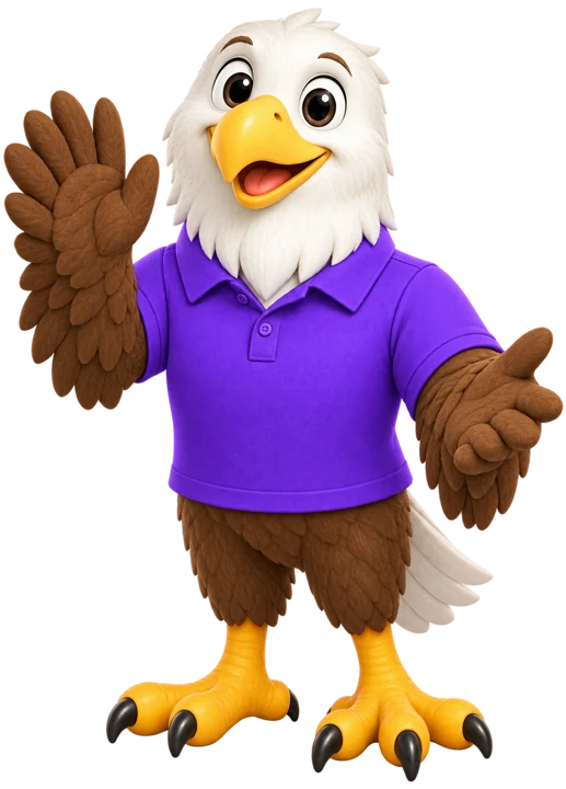 MTI Tech eagle mascot smiling and waving hello