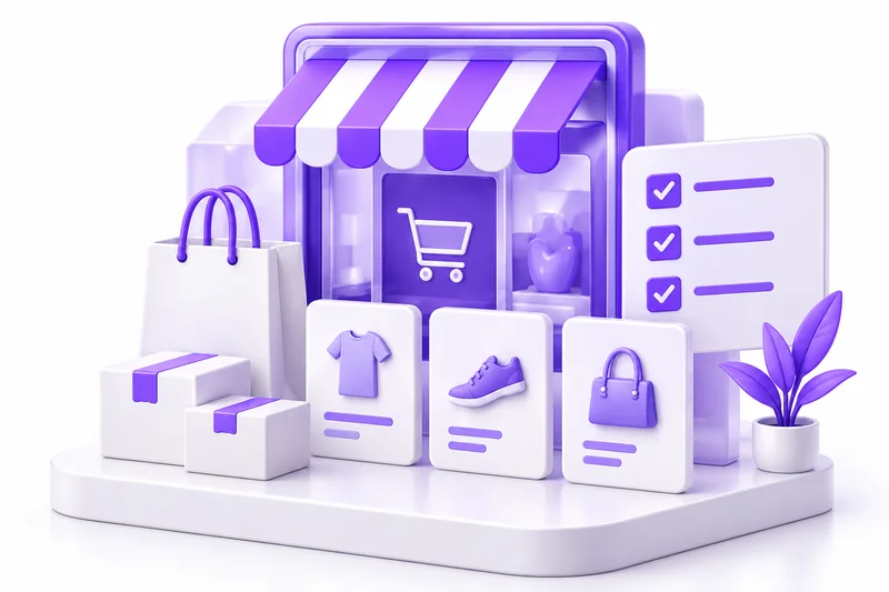 Violet storefront with product cards, parcels and an operations checklist