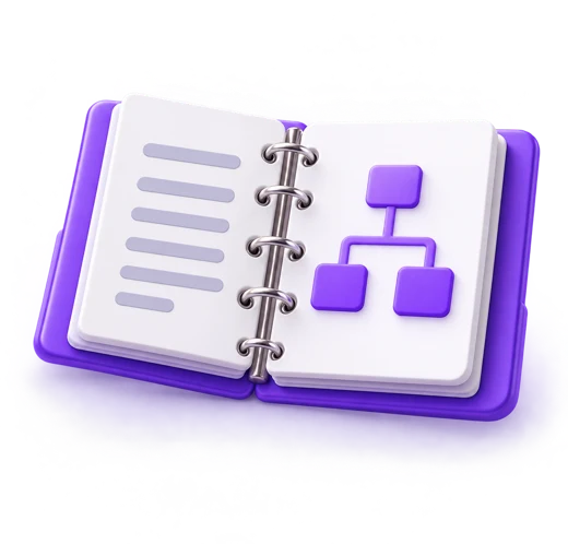 Open binder showing a planning flowchart