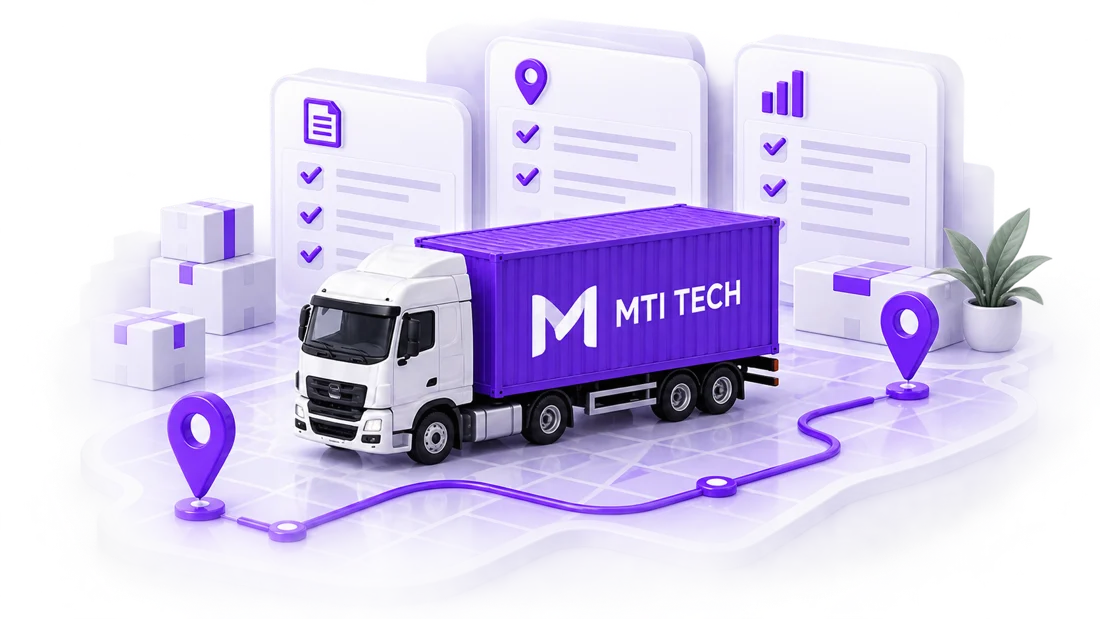 Illustration of an MTI Tech truck on a route between location pins with shipment documents behind it
