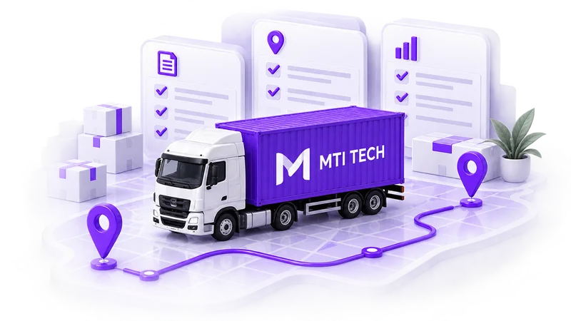 Logistics truck on a route map with documentation and tracking cards