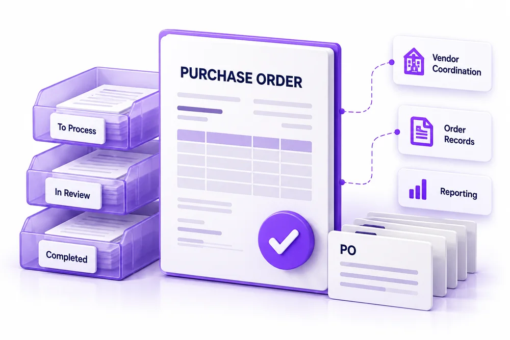 Illustration of purchase order trays labelled to process, in review and completed
