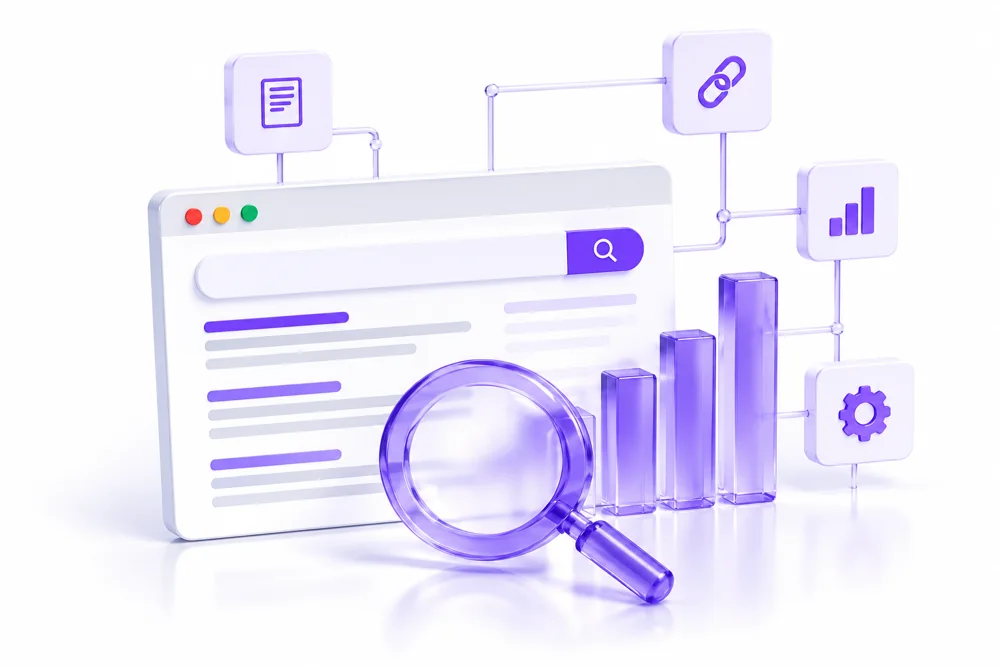 Search results window with magnifier, performance bars and connected page, link and settings icons