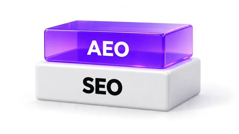 AEO block resting on an SEO foundation block