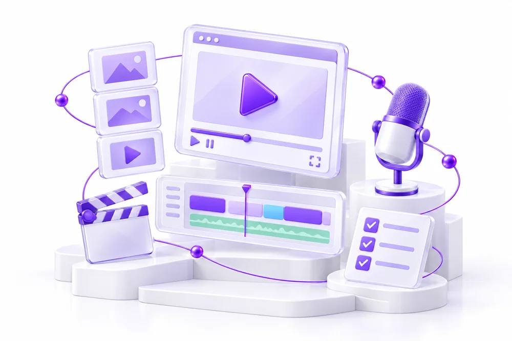 Illustration of a video player, editing timeline, thumbnails, clapperboard, microphone and checklist